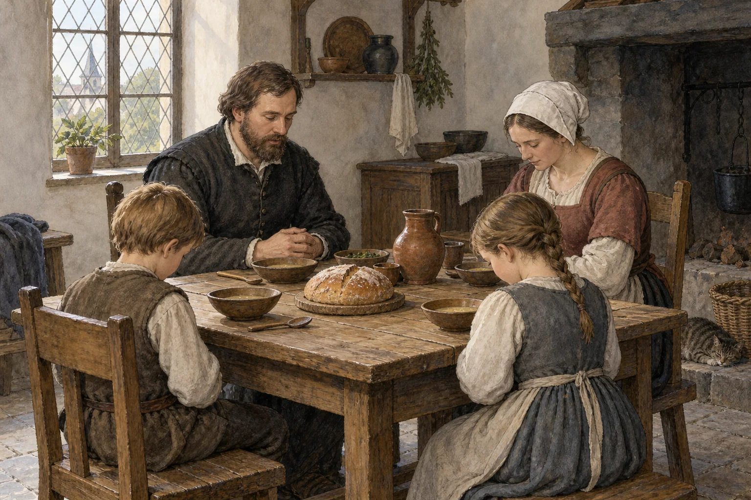 A household pauses in prayer around a simple meal in an imagined sixteenth-century Palatinate home.