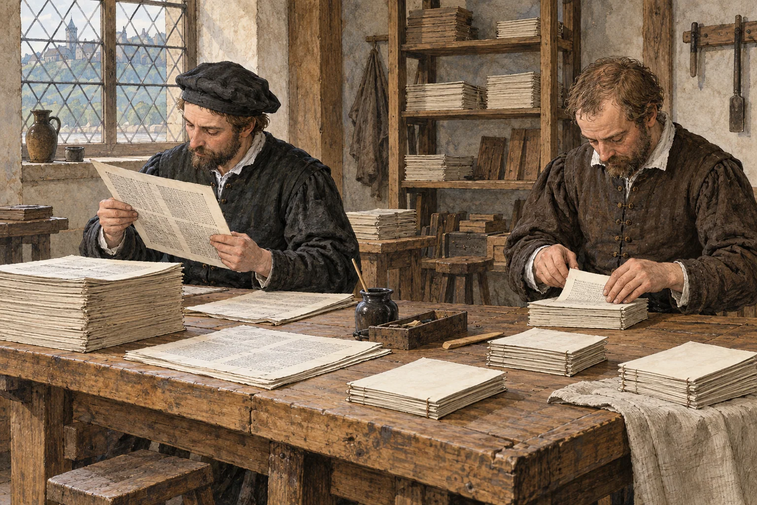 Two book workers inspect and fold printed sheets at a wooden bench in an imagined sixteenth-century workshop.