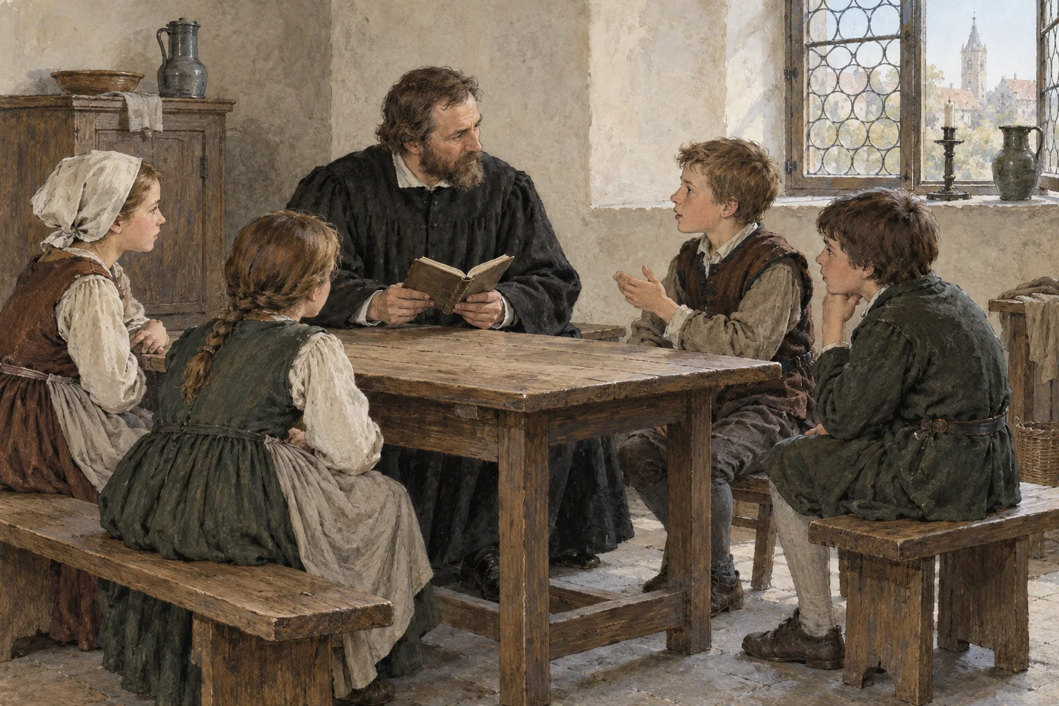 A teacher discusses a small book with pupils seated on wooden benches in an imagined Palatinate lesson around 1563.